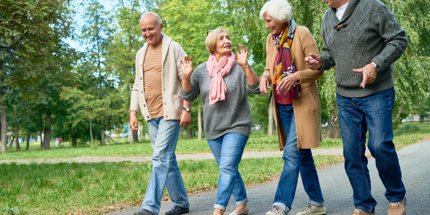 mentale gezondheid Groepje ouderen zijn aan het wandelen in het park voor hun mentale gezondheid