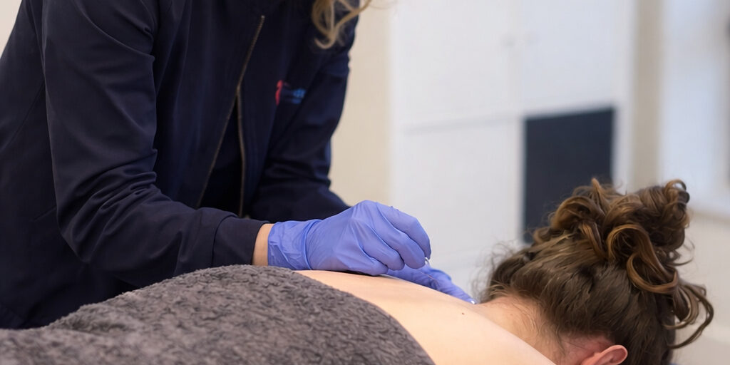 Dry needling in behandelkamer Fysiotherapeut past dry needling toe op bovenrug patient